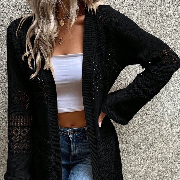 Sweaters - Black Casual Women's Hollow Out Design Cardigan